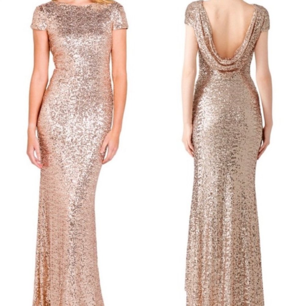 BADGLEY MISCHKA Gold Sequin Cowl Gown Gorgeous from all angles!